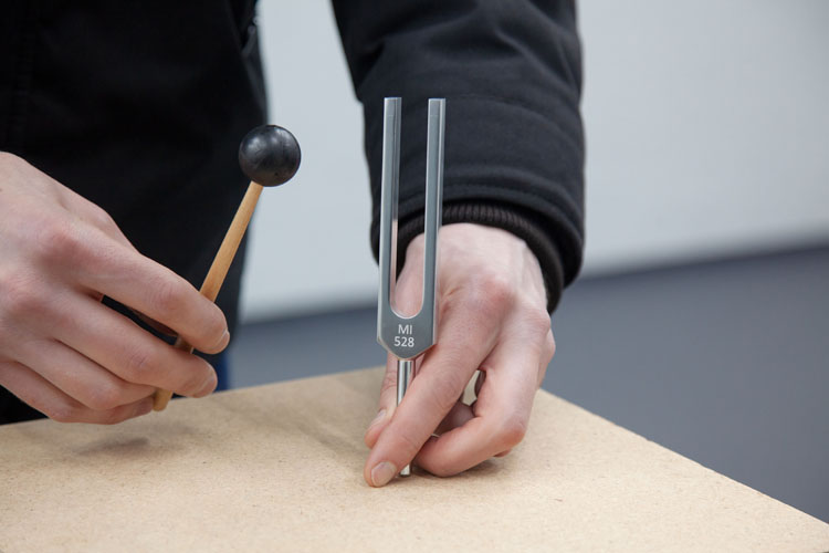 Close-up of two hands holding the tuning fork and the mallet.